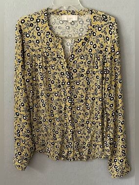 LOFT Floral Vine Blouse L Yellow NavyBlue Long Sleeve Button Up Boho Cottagecore